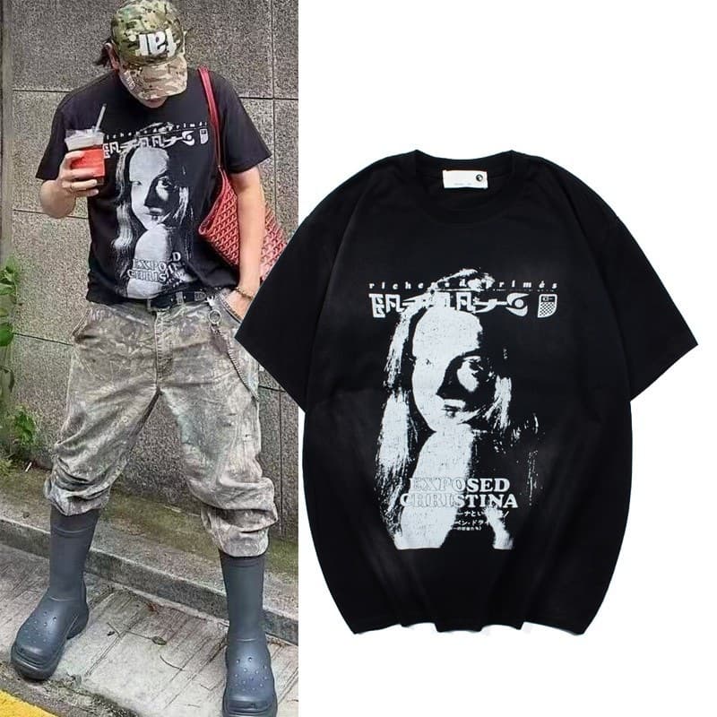 25SS American Streetwear ERD Melancholy Rich Second Generation Fan Woman Portrait Print Spray Monkey Washed Vintage Short Sleeve T-Shirt