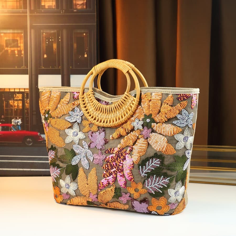 New Bamboo Handle Handbag Large Capacity Colorful Sequins Vintage Women's Handbag Heavy Embroidery Trendy Evening Bag