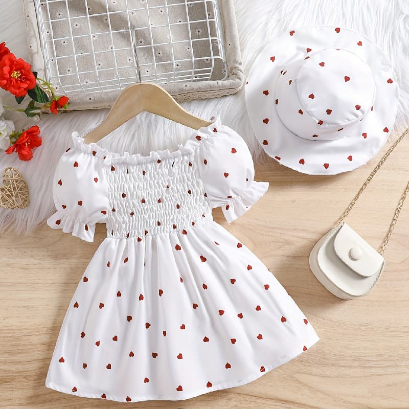 Sweetheart Bubble Sleeve Dress Set with Matching Cute Hat for Ages 0-3, Perfect for Summer Outings