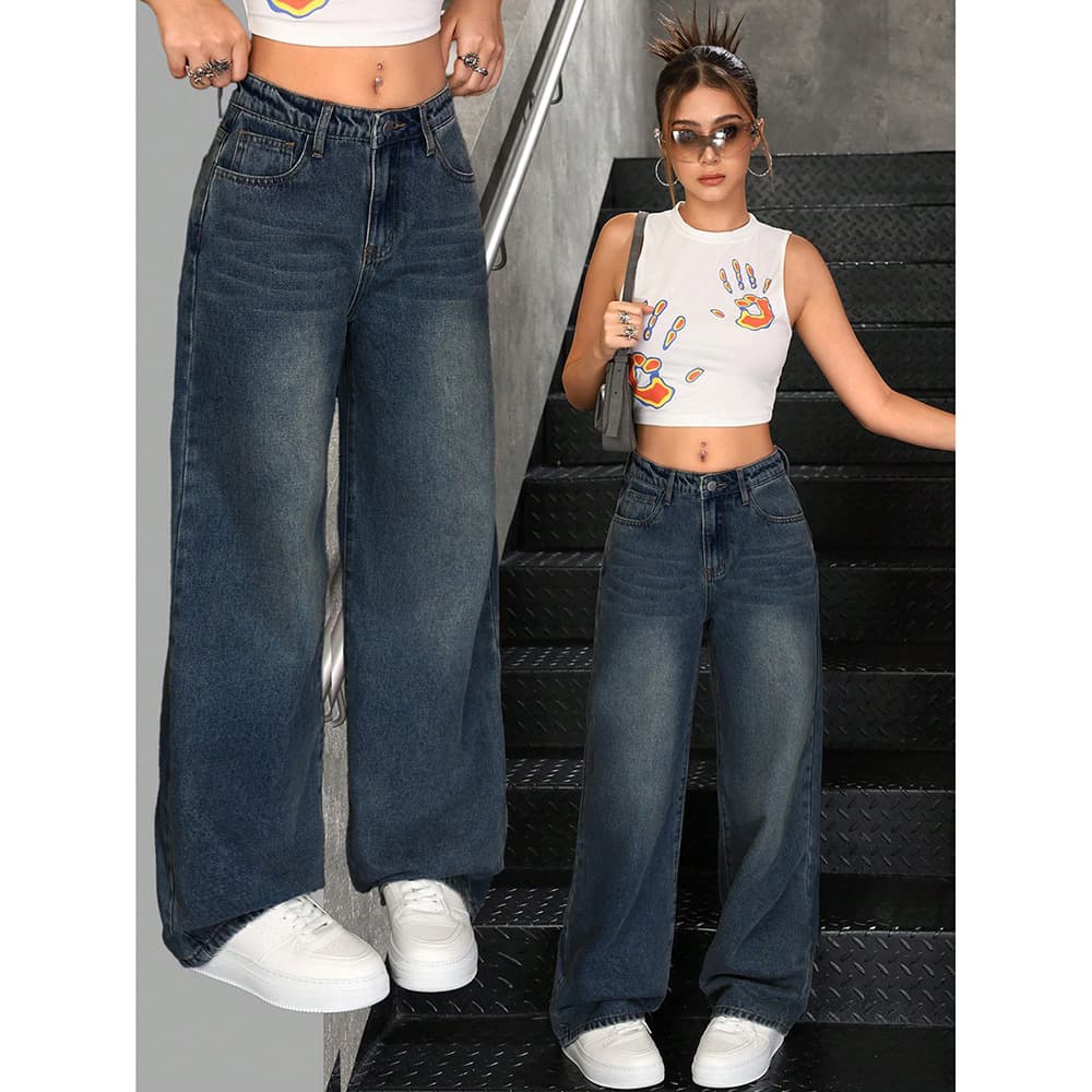 Cross-border Vintage Washed High-Waist Jeans for Women, New Spring/Autumn Style, Versatile Loose Fit, Slimming Wide-Leg Long Pants