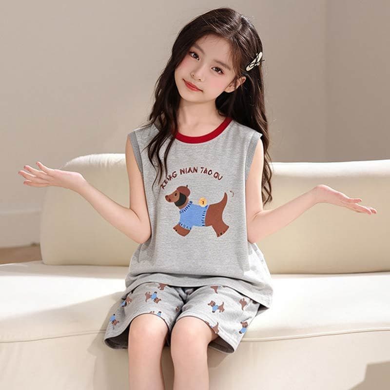 Girls' Vest Pajamas Summer New Style Dachshund Dog Kids Air Conditioning Wear Thin Sleeveless Sleepwear Set for Middle and Older Children