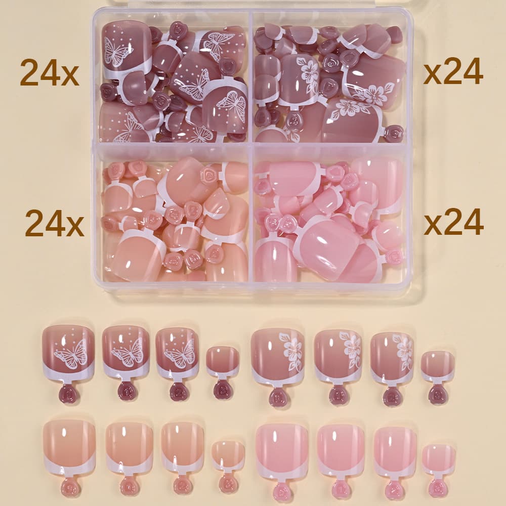 96-Piece Four-Grid Toenail Press-On Nails Cross-Border Simple French Solid Full-Cover Toenail False Nails