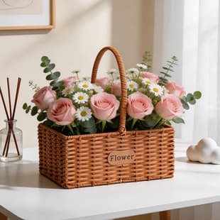 Woven Flower Basket Handheld Imitation Wicker Basket, Event Holiday Gift Basket, Postpartum Basket, Flower Shop Floral Arrangement Basket