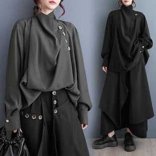 2026 Summer New Arrival Dark Style Loose Plus Size Mock Neck Long Sleeve Shirt for Women