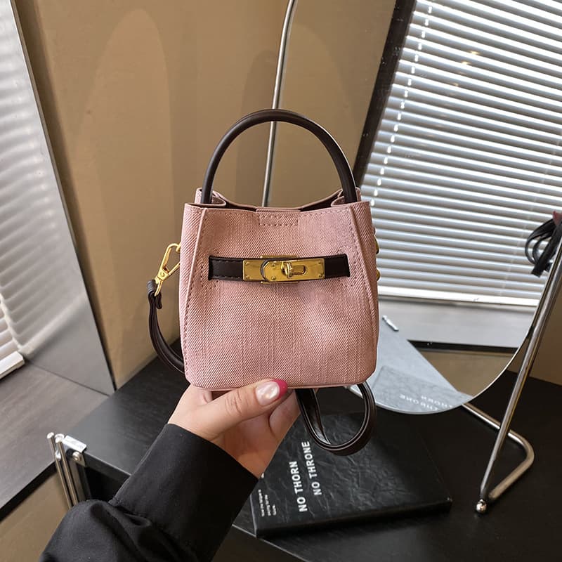 New Korean style contrasting color mini bucket bag, simple casual handbag, versatile casual coin lipstick crossbody bag for women
