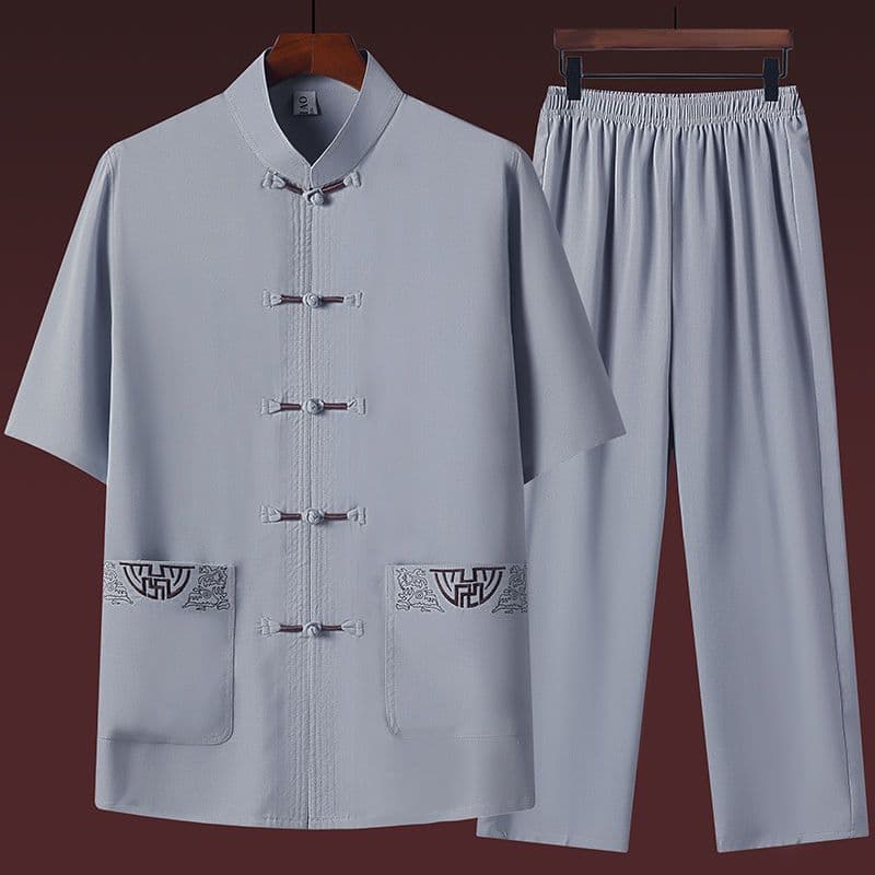 Men's Summer Short-Sleeve Ice Silk Shirt, Middle-Aged and Elderly Casual Tang Suit Dad Set, Half-Sleeve Shirt for Summer