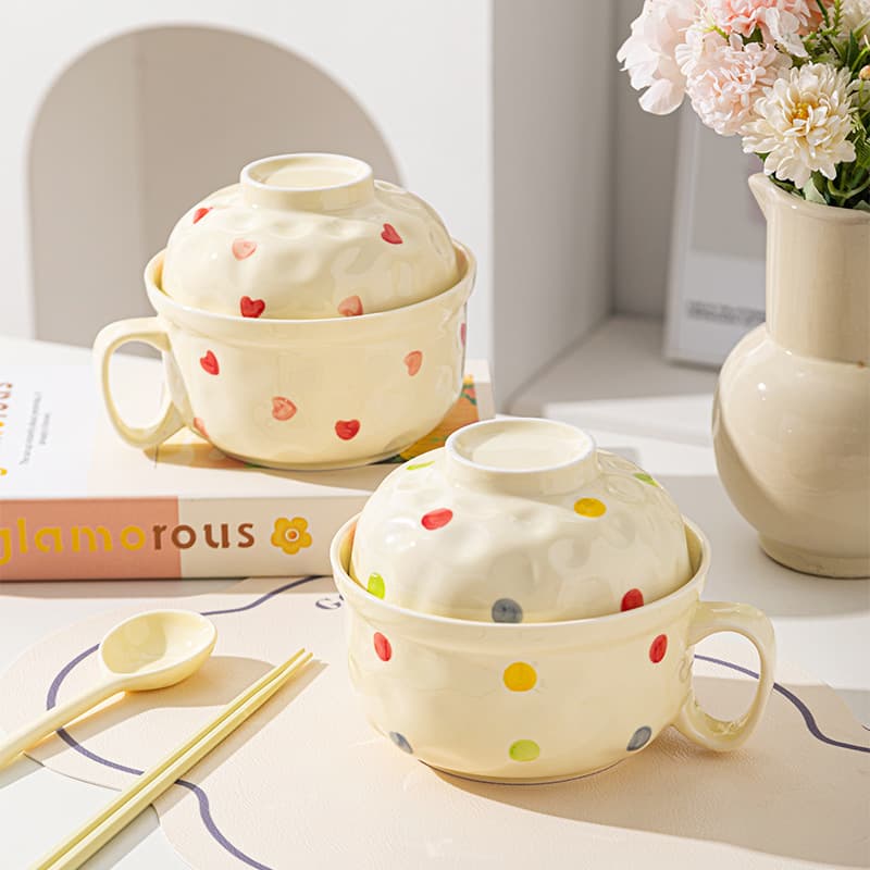 Ins-style Ceramic Noodle Bowl with Lid, Home Use, Dormitory Convenience Noodle Bowl Set with Splash-Proof Lid
