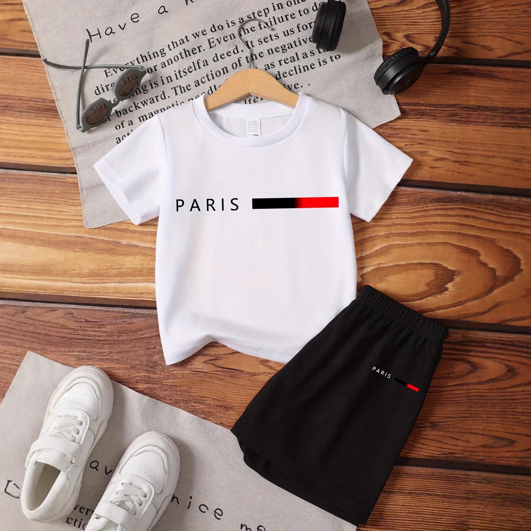 Spring and summer casual and fun PARIS Paris T-shirt children's set, boys' short-sleeved shorts two-piece set