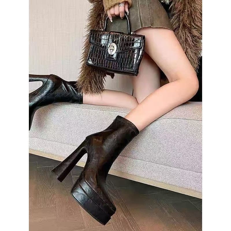 Women's Chunky Heel Boots with Platform, Pointed Toe Short Boots, Thick Sole New Arrival Slim Boots, Stiletto Heel Black