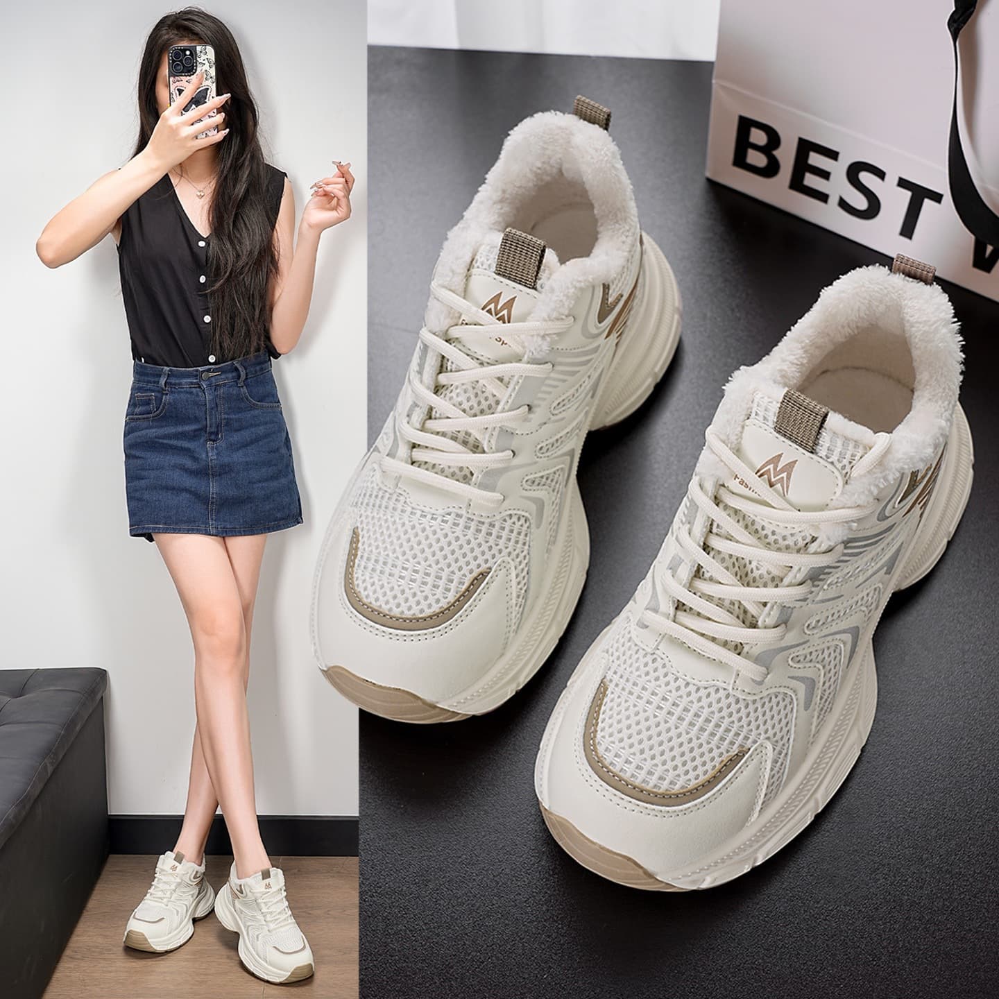 Women's Fleece-Lined Dad Sneakers 2025 New Winter Chunky Low-Top Cotton Shoes Casual Sports Shoes Soft