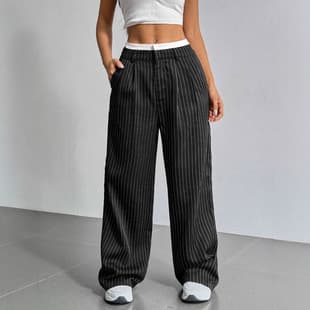 2026 EU/US New Women's Trousers Japanese-Korean Casual High-Waist Color-Block Simple Vertical Stripe Straight-Leg Wide-Leg Pants