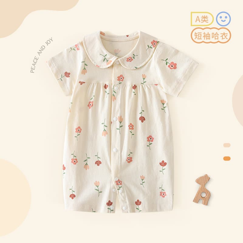 Newborn princess collar small floral one-piece harem summer 3-24 months baby 100% cotton open button coveralls