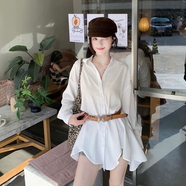 White Premium Long-Sleeve Blouse for Women Early Autumn Designer Loose Fitted Waist Sweet Cool Elegant Mid-Length Top