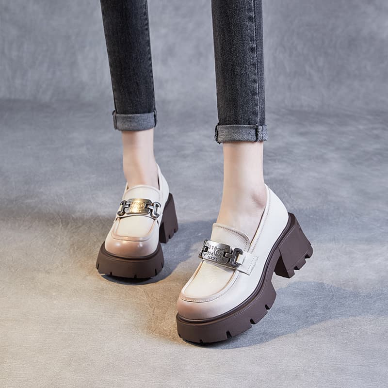 Height-Increasing Platform Loafers, 2024 Spring New Style Chunky High Heel Genuine Leather British Shoes with Metal Buckle Casual Flats