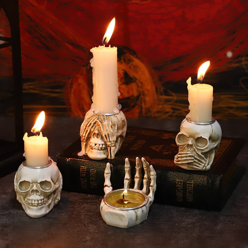 Creative Skull Candle Holder Ornament Halloween Skull Atmosphere Decoration Escape Room Murder Mystery Costume Prop