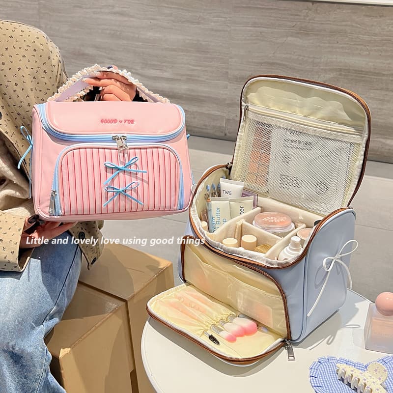 PU Makeup Bag Large Capacity Portable Vertical Compartment Waterproof Handheld Women's Travel Organizer Bag Influencer Style Cosmetic Pouch
