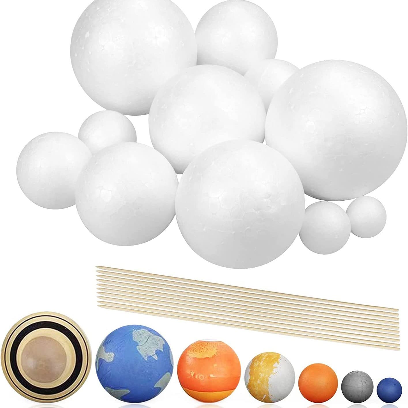 Planetary Model Craft Kit Including 14 Foam Polystyrene Balls and 10 Bamboo Sticks (24cm Long)