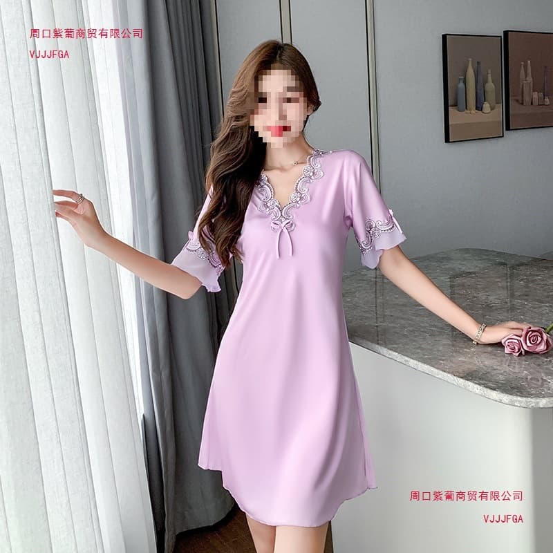 2024 New Short Sleeve Ice Silk Nightgown Women Summer Thin Sexy Plus Size Silk Loungewear