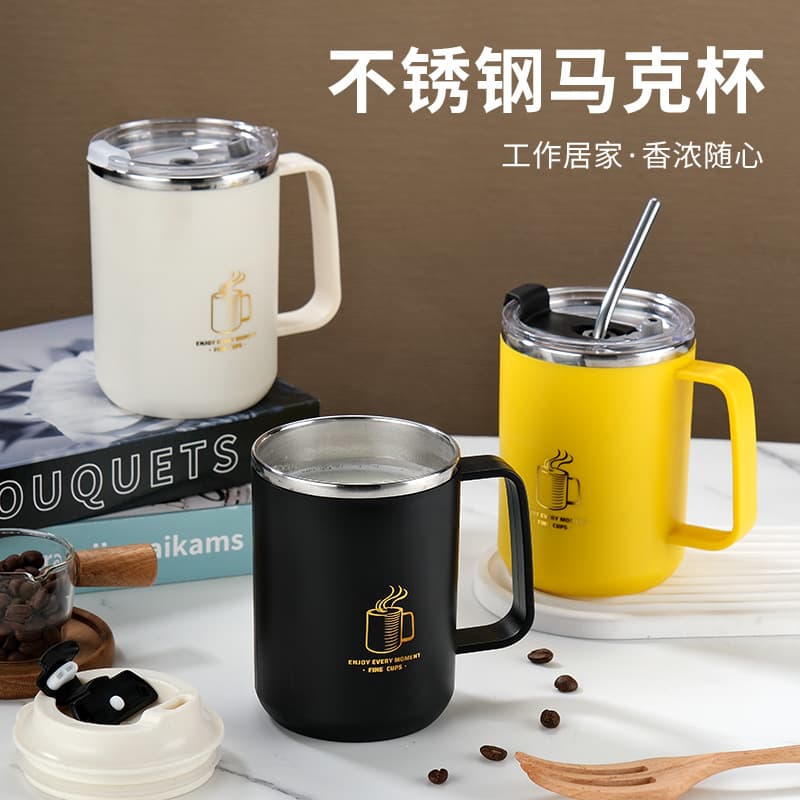 304 Stainless Steel Coffee Mug with Lid, High-Quality Office Water Cup, Customizable Logo.
