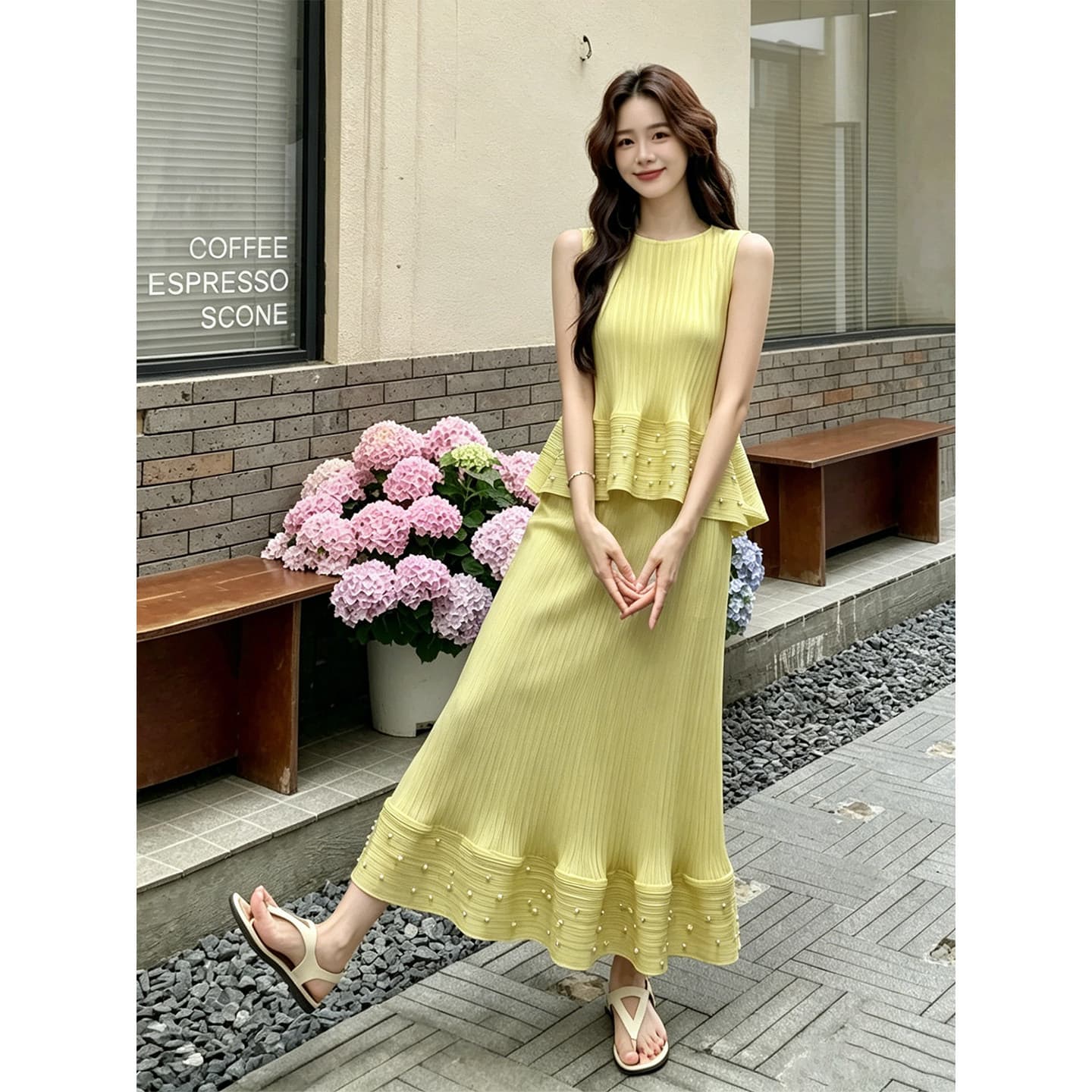 Miyake Pleated Summer Yellow Lace Camisole Pleated Skirt Set for Women Elegant Fashion Two-Piece