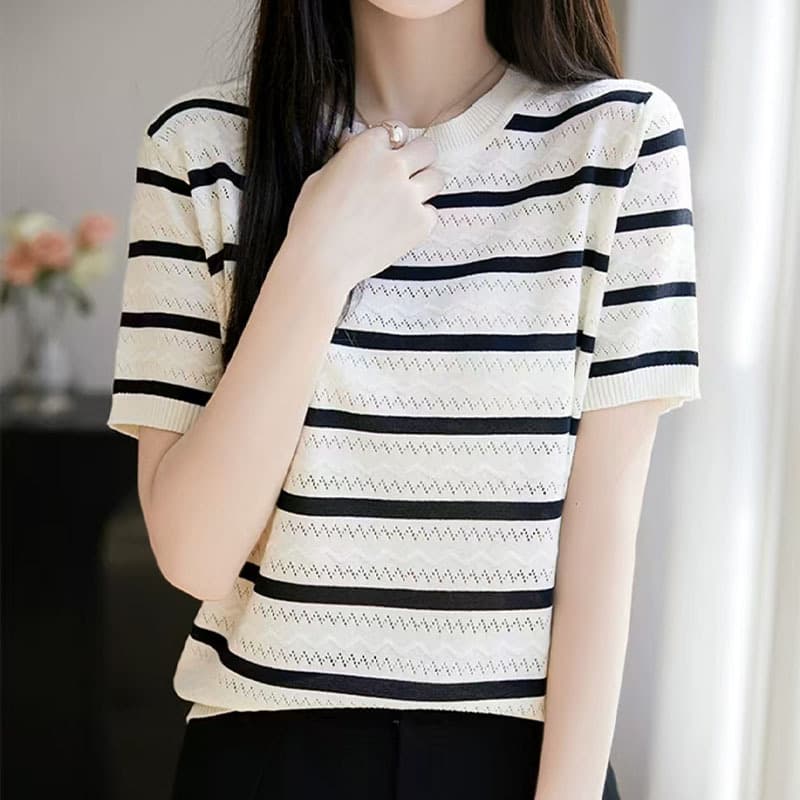 2025 Summer New Rainbow Stripe Ice-Cool Thin Short Sleeve T-Shirt for Women, Round Neck Slim Fit Knit Top