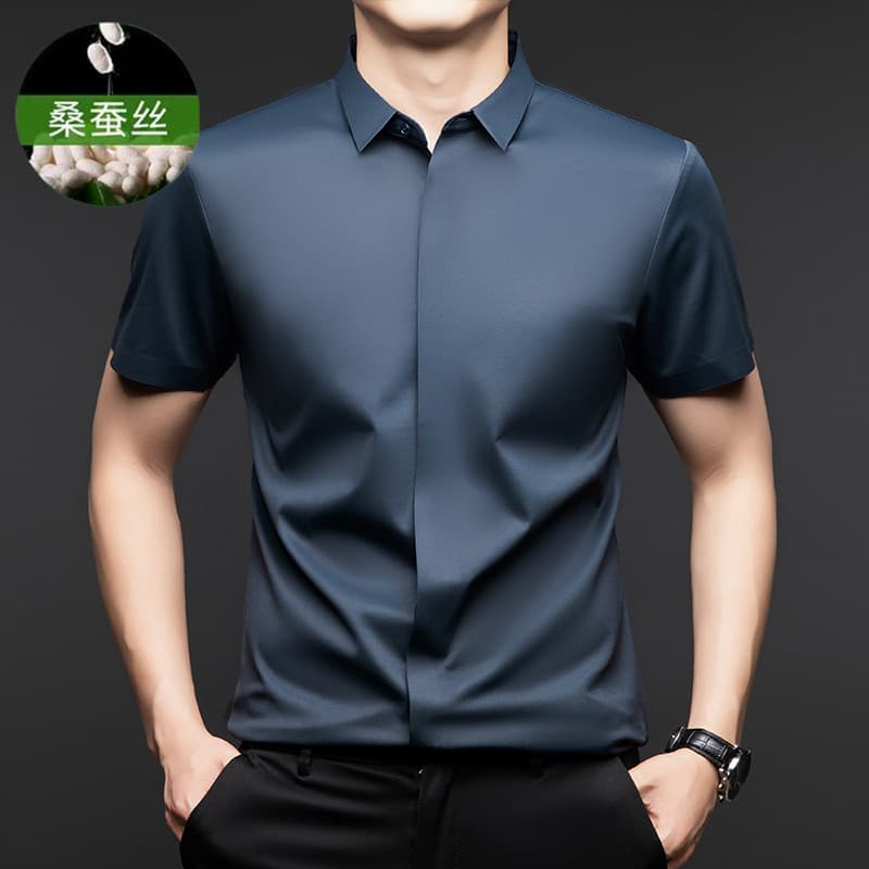Mulberry Silk Men's Short Sleeve Shirt 2025 Summer Stretch Business Casual Solid Color Ice Silk Shirt Men's Wear