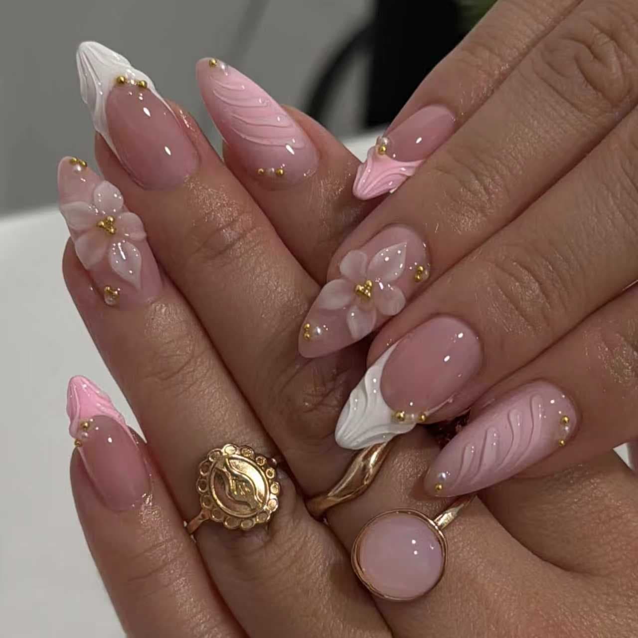 Cross-border hot-selling pink French sculpted 3D wearable nail art with flowers, gold beads, and almond nail tips - factory direct shipping.