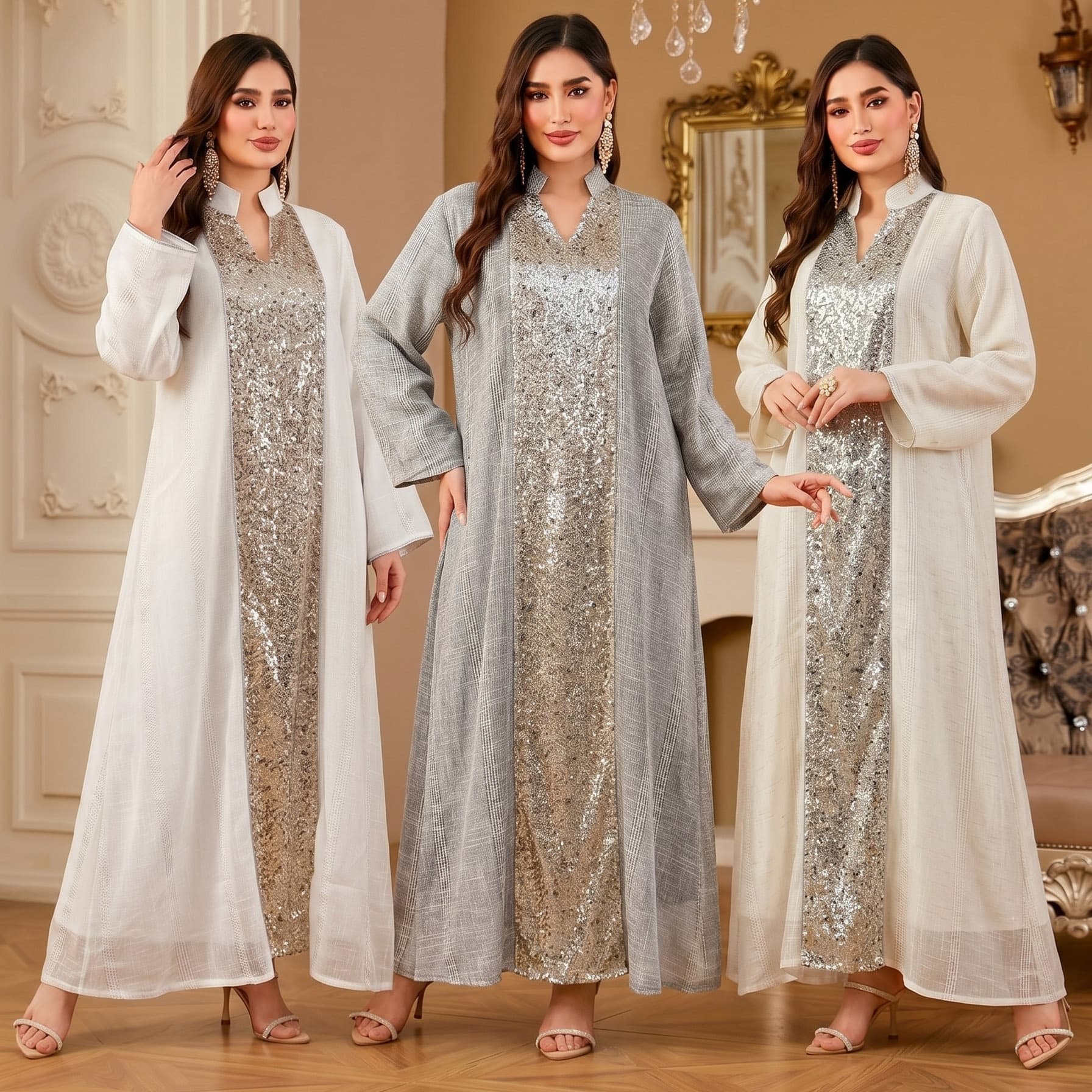 KL2578 Women's Tulle Patchwork Sequin Long Robe Dress Casual Comfortable Long Dress Wholesale