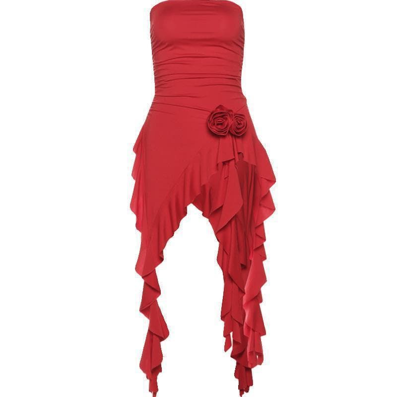 Floral Ruffle Hem Tube Top with Pleated Waist, Irregular Hem, Slimming Southeast Asian Style Top [10,000+ Monthly Sales]