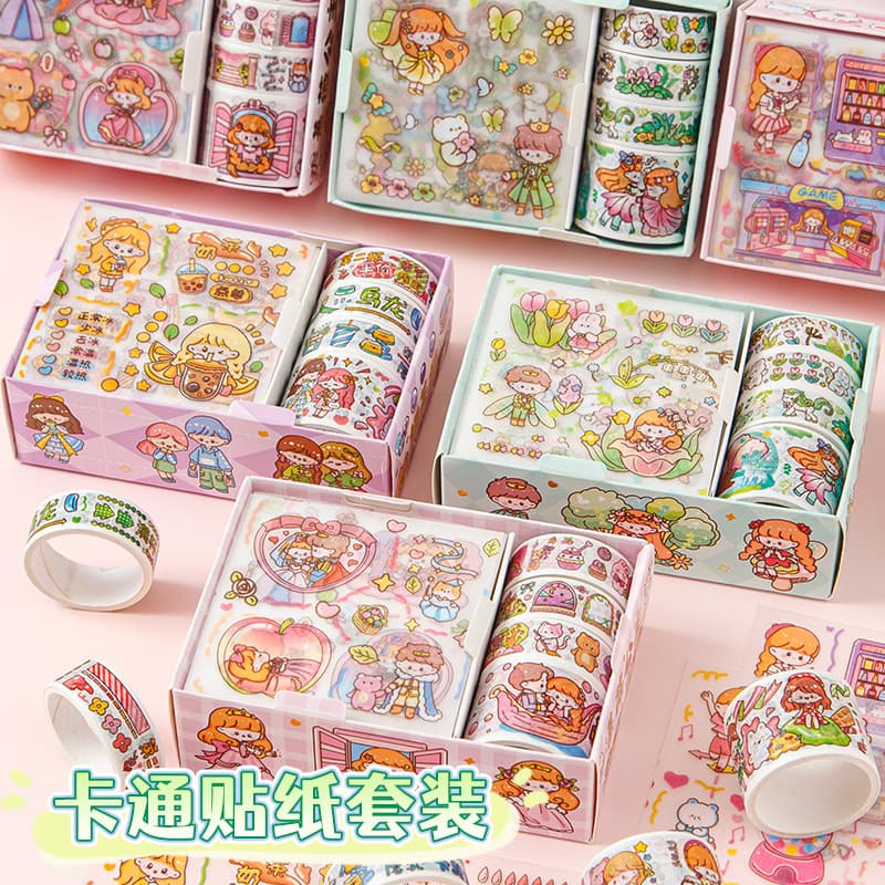 Cute Tape Sticker Gift Box Set Ins Style Journal Fresh Material Cartoon Sticker Set for Kids