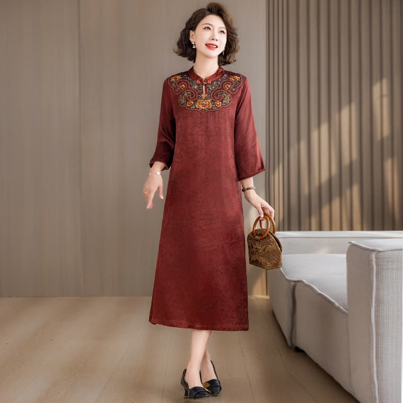 2025 Spring Middle-Aged Women's Clothing Mother's Summer Wear Jacquard Authentic Gambiered Gauze Retro Long Dress