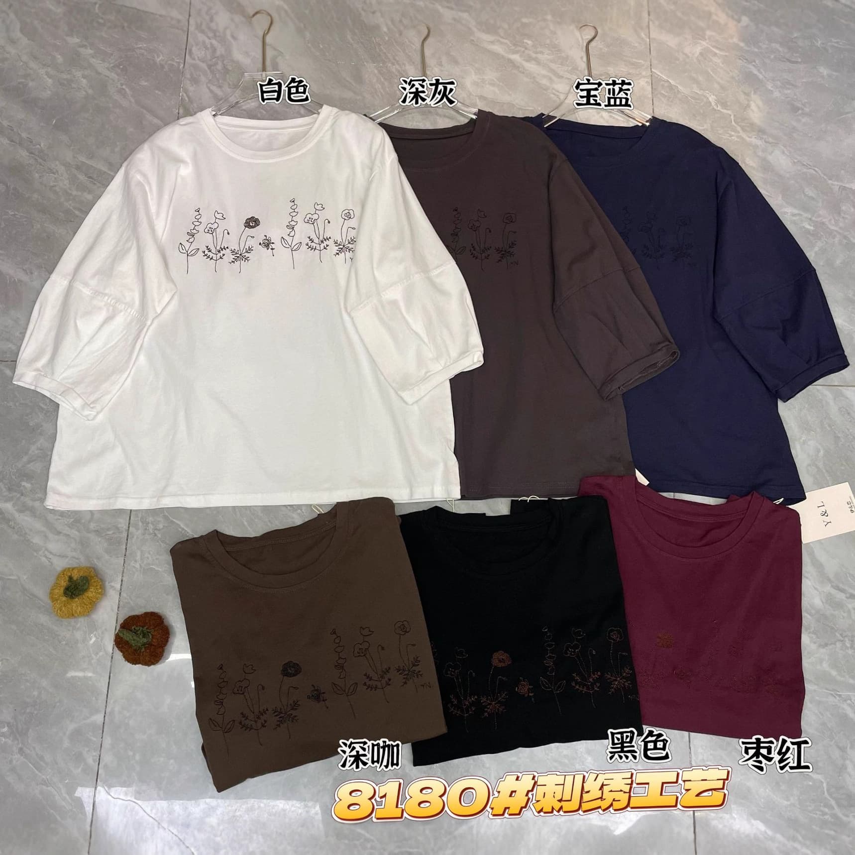 Yl8180 Pure Color Round Neck Embroidered Loose Oversized Mid-Sleeve T-Shirt New Style Slimming Look Pure Cotton Top for Women