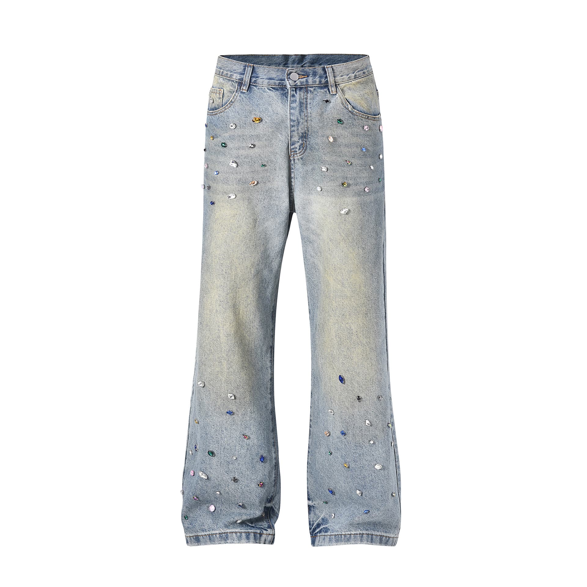 Zongchi Clothing 2025 New American Streetwear Vintage Rhinestone Washed Distressed Straight Slightly Flared Leg Jeans