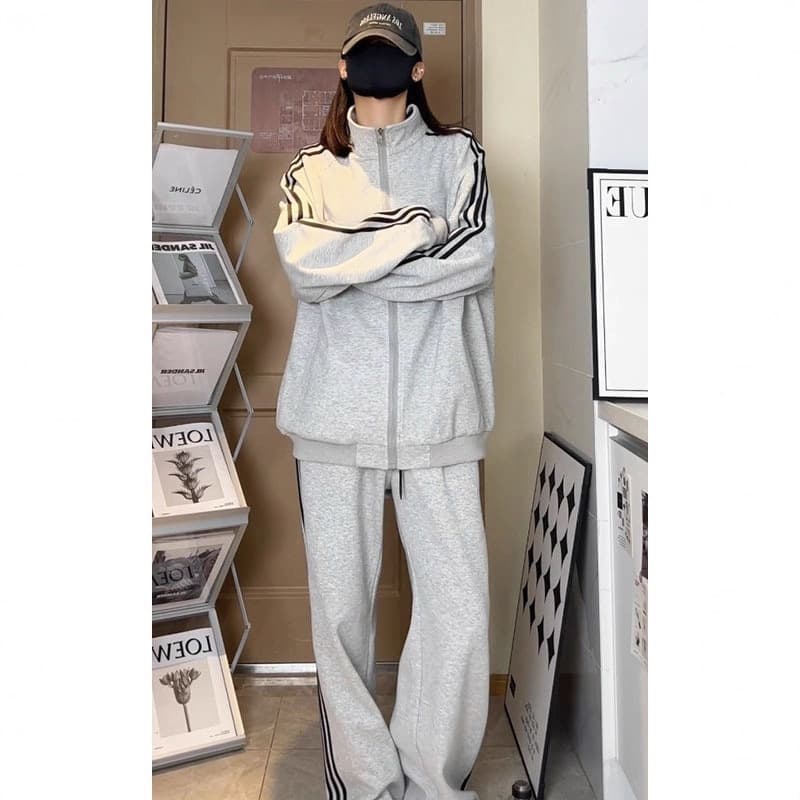 Three Stripes Casual Sports Suit Men's Autumn and Winter Stand Collar Cardigan Loose Suit Couple College Style Suit