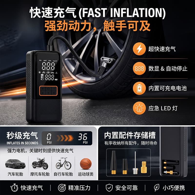 Wireless Car Inflator Portable Electric Tire Pump for Cars, Electric Vehicles, Motorcycles, Auto Tire Inflator