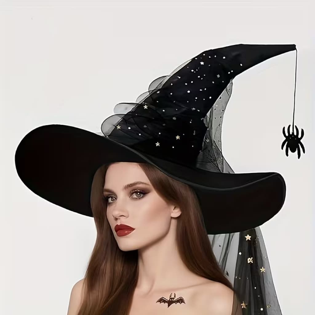 In Stock Halloween Black Pleated Mesh Spider Witch Hat COS Magician Witch Wizard Hat Costume