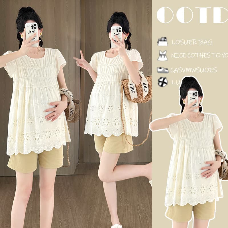 Actual Photo New Summer Sweet Fashion Loose Embroidered Maternity Top + Supportive Shorts Two-Piece Set
