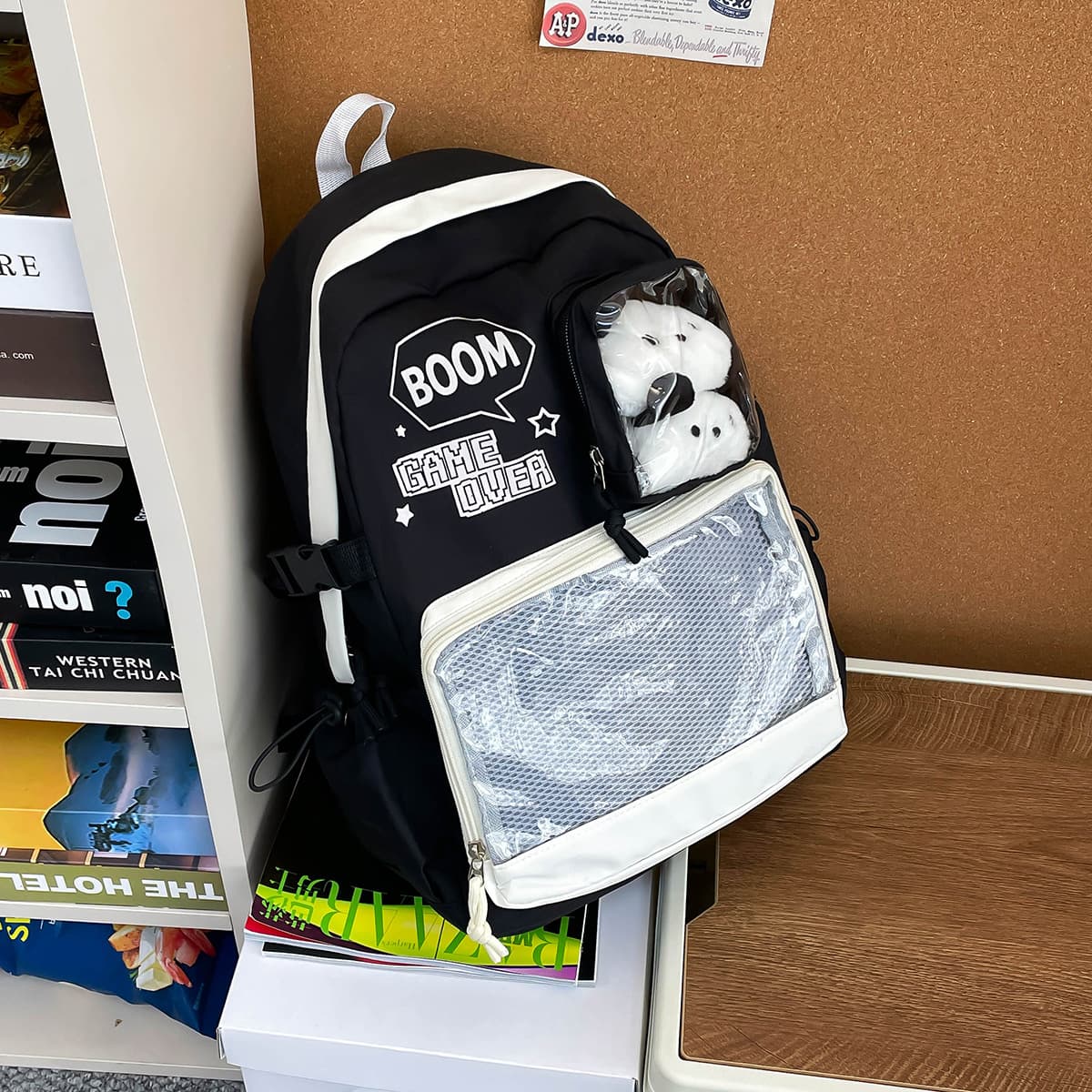 Double Shoulder Pain Backpack Large Capacity Student Backpack with Transparent Pain Layer Two-Dimensional Backpack Girl Badge Daily Backpack