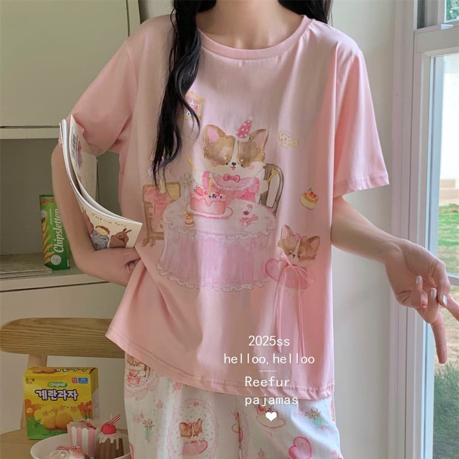 Reefur Rinka Pear Blossom Summer Thin Pajamas Women's Modal Round Neck Printed Corgi Afternoon Tea Short Sleeves Shorts