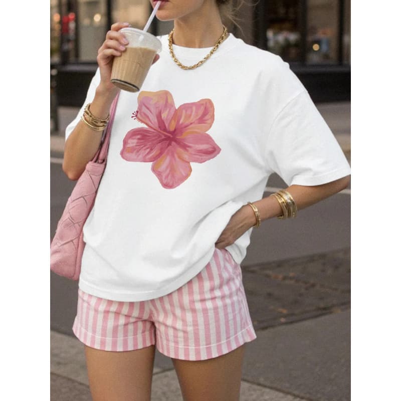 100% Cotton Short-Sleeve T-Shirt 2025 Summer New Style Casual Trendy Floral Print Loose Fit Top