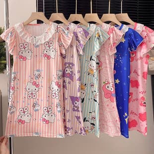 2026 Girls Nightgown Summer Short Sleeve Big Kid Thin Cartoon Little Girl Princess Kids Pajamas Wearable Outdoors