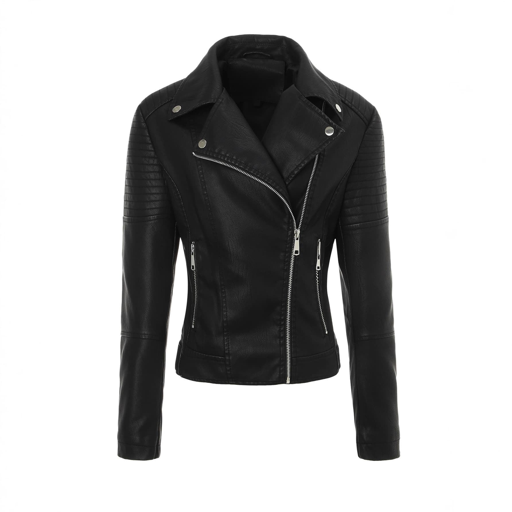Women's Washed Leather Retro-Style PU Jacket, Vintage Leather Coat with Turn-Down Collar, Zipper, Quilted Design, Figure-Flattering Jacket for Women