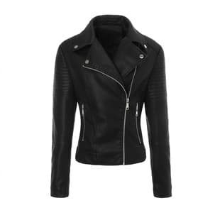 Women Washed Leather Vintage Style PU Jacket Retro Leather Blazer Lapel Zipper Quilted Figure-Flattering Coat Women