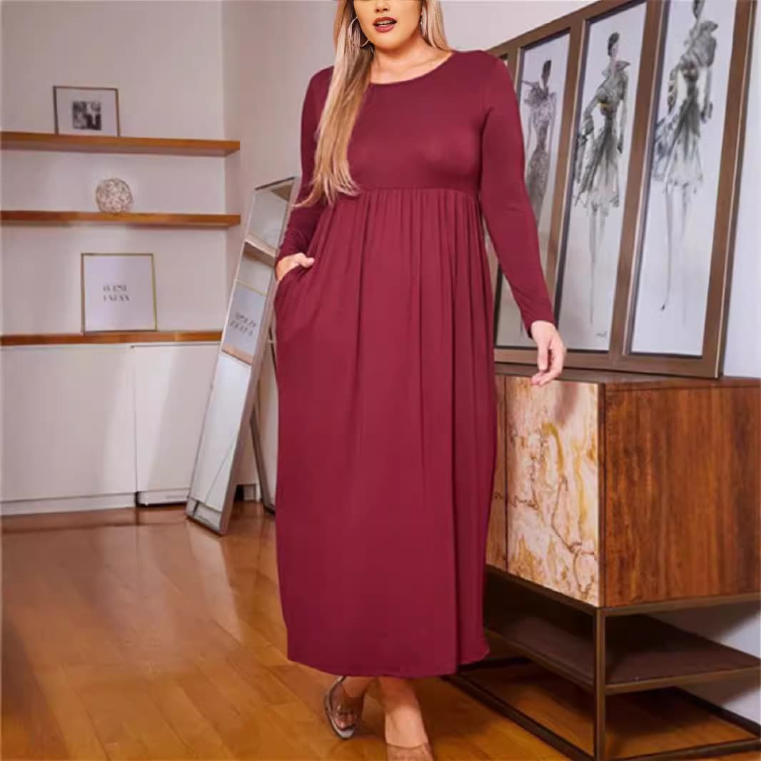 2025 European and American cross-border autumn and winter women's plus size fashion solid color dress women's long-sleeved long skirt