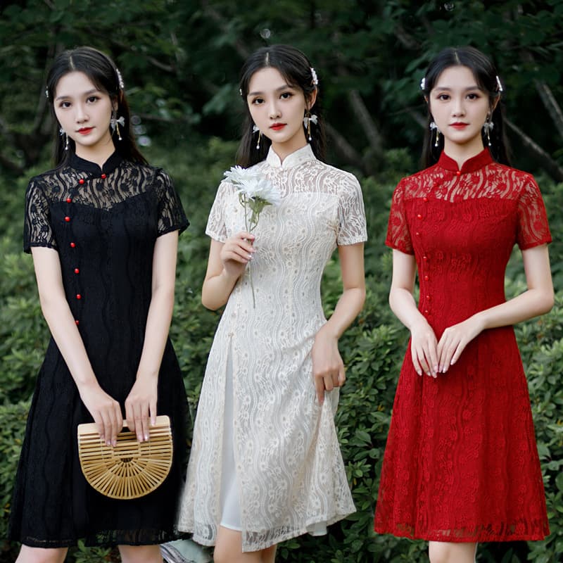 2026 New Red Short Sleeve Lace Cheongsam Retro Improved Slim Ao Dai Dress Bridal Wear Cheongsam Dress