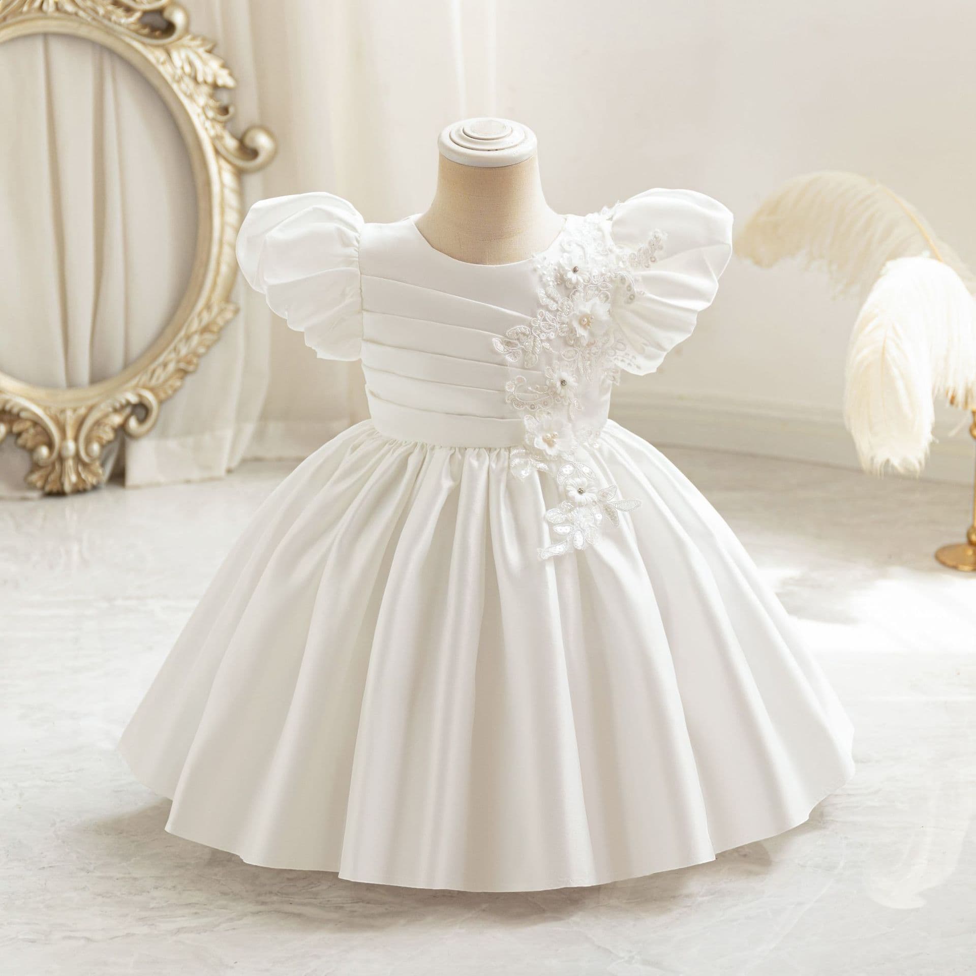 Girls Autumn Dress Satin New Children Flower Girl Gown Birthday Host Stylish Princess Dress Cross-border