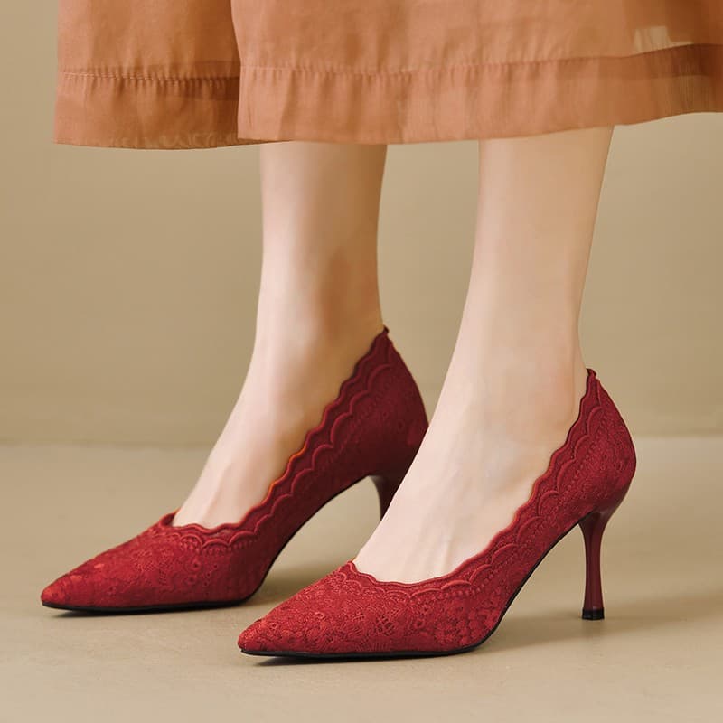 Red Wedding High Heels Women's Shoes 2025 Spring New Lace Premium Single Shoes Chinese Xiuhe Bride Shoes