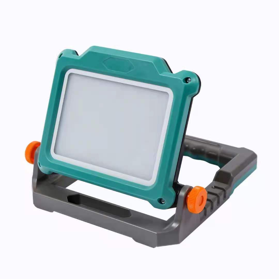 Cordless outdoor floodlights compatible with Makita, DeWalt, Bosch, Miwoche, Black & Decker, and Stanley 18V lithium batteries.