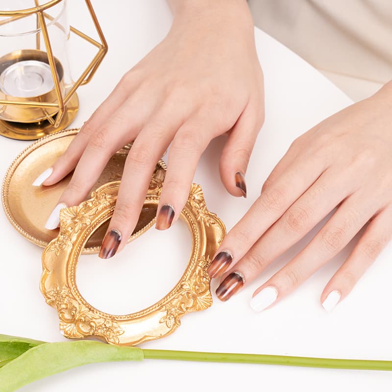 Cross-border Hot Seller 20-Piece French Amber Glitter Nail Stickers Korean Nail Film Full-Cover Nail Art Stickers Custom