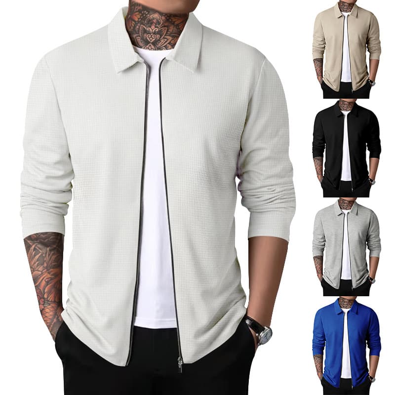 Cross-border 2023 Men's Fall New Zip-Up Jacket Cardigan Casual Long-Sleeve Lapel Waffle Jacket